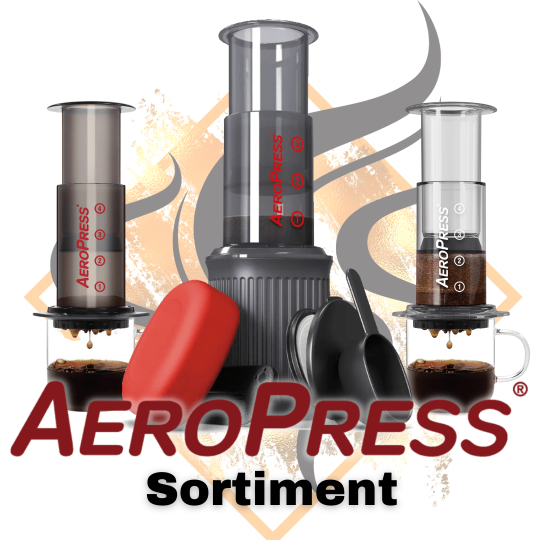 Man sieht das Logo von Uchtmann im Hintergrund und die AeroPress Go, Original und Clear im Vordergrund mit dem Schriftzug AeroPress Sortiment