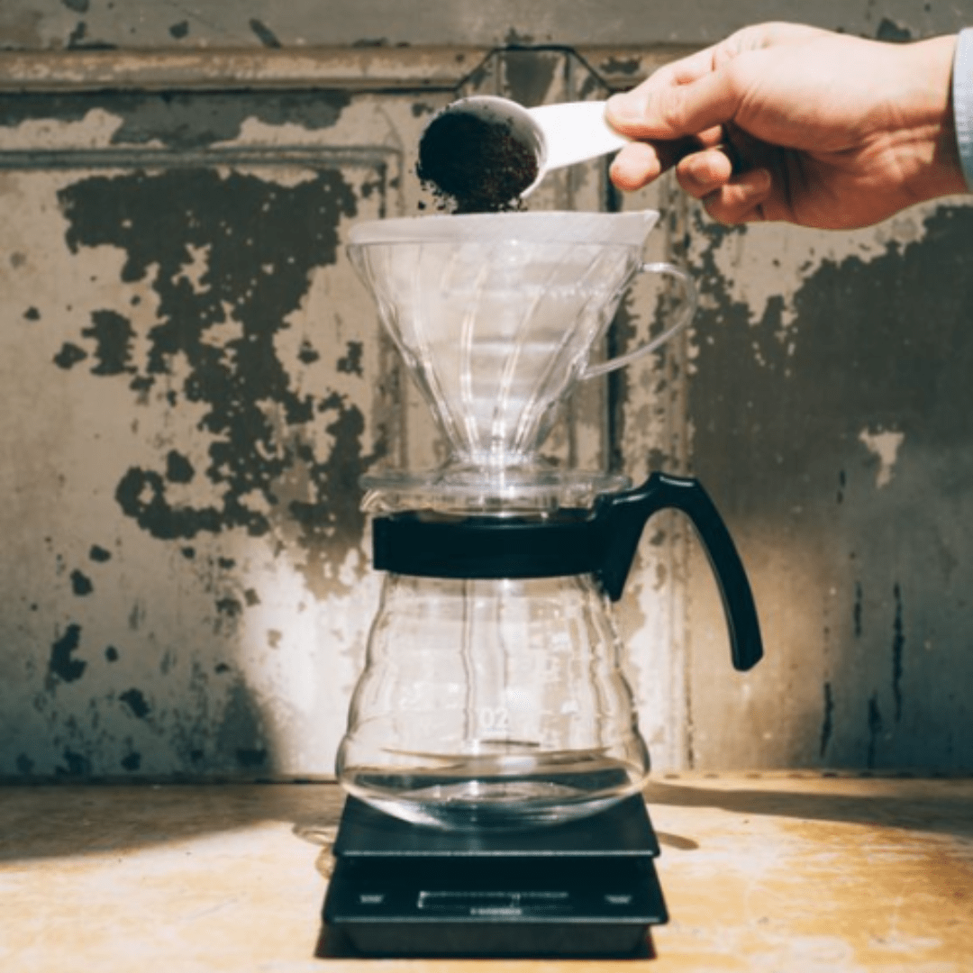 Ein Hand füllt Kaffeepulver in den Filter der Hario V60