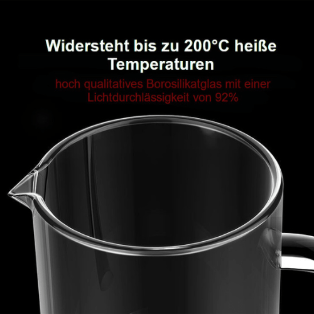 Das Borosilikatglas der Timemore French Press widersteht bis zu 200 Grad heißes Wasser