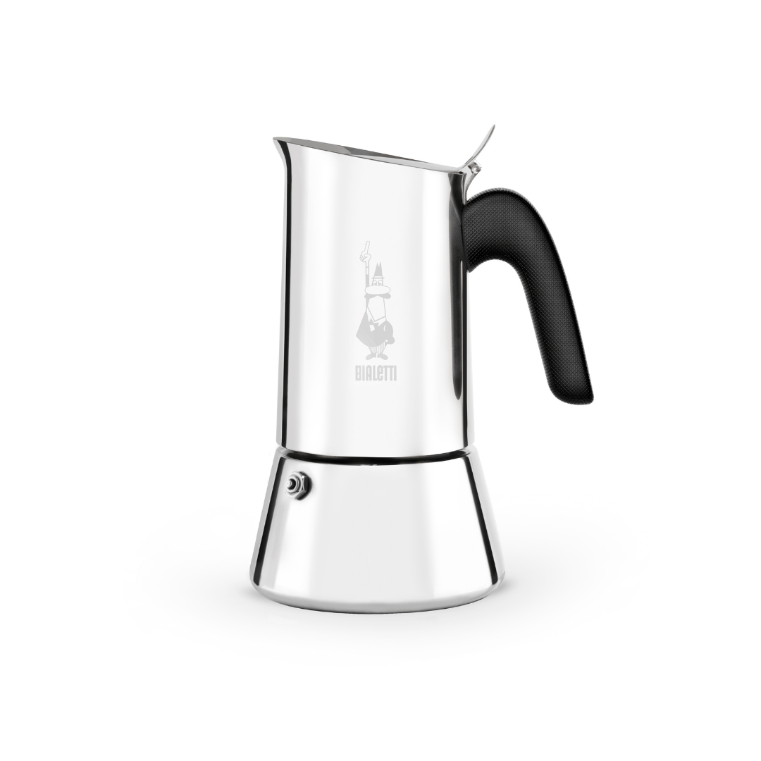 Die neue Bialetti Venus, ein Edelstahl Espressokocher in Silber.