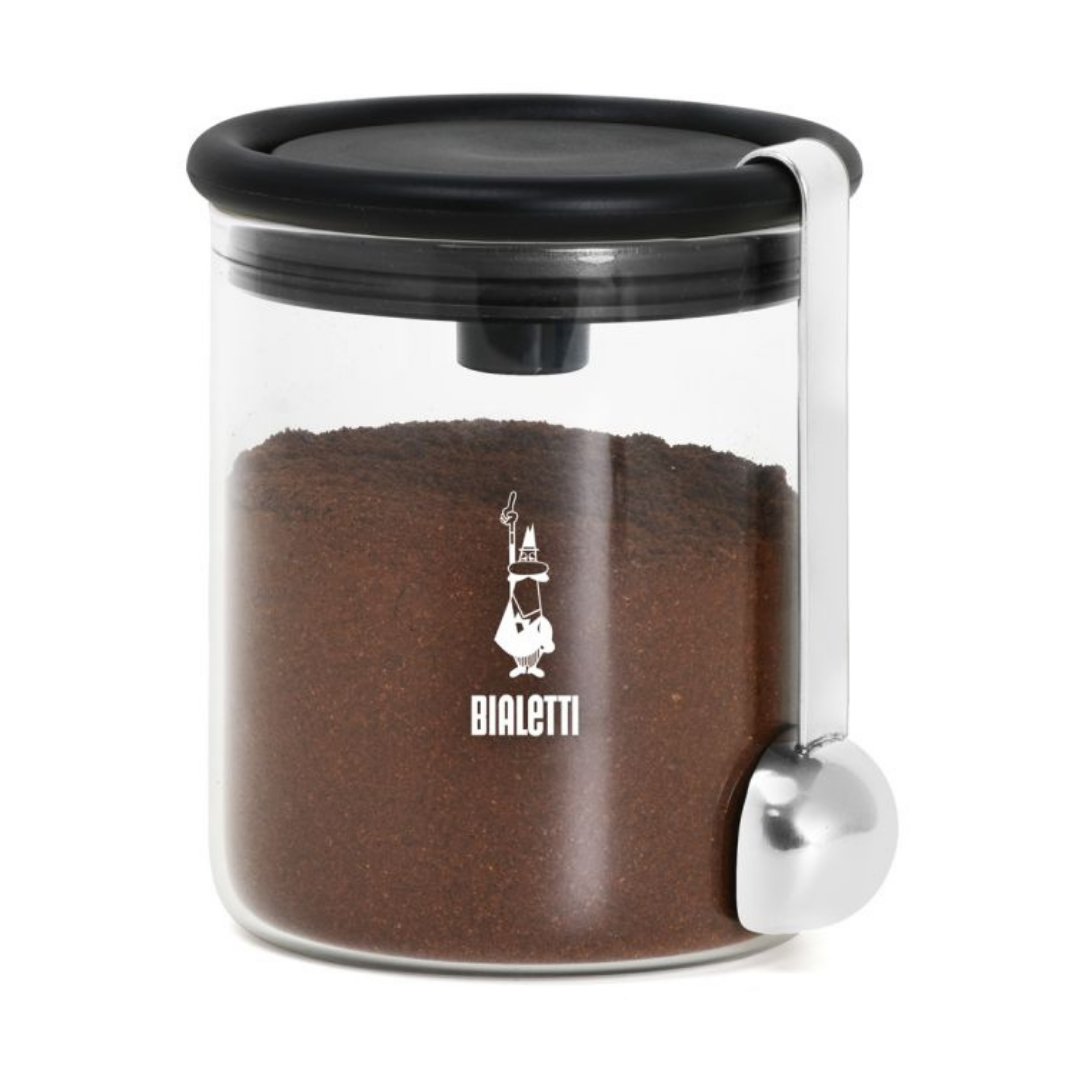 Die Bialetti Kaffeedose mit Vakuumdeckel und Messlöffel aus Edelstahl.