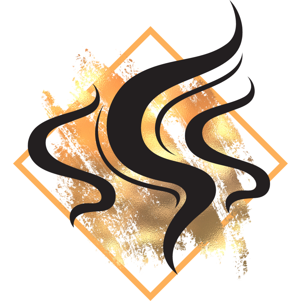 Das Logo vom Uchtmann Kaffeeshop, ein goldener Hintergrund mit dunklen Dampfschwadern